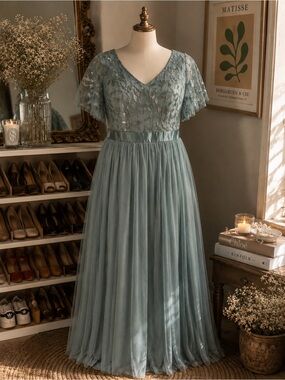 Dusty Blue Sequin Mesh Maxi Dress | Flutter Sleeve Formal Gown